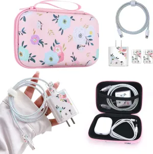 Cute Floral Phone Charger Storage Case Cover Set Colorful White Camellia Flowers Pattern Carrying Bag with Cable Protector Cord Organizer, Lightning Cable Chomper,Charger Saver Compatible for iPhone