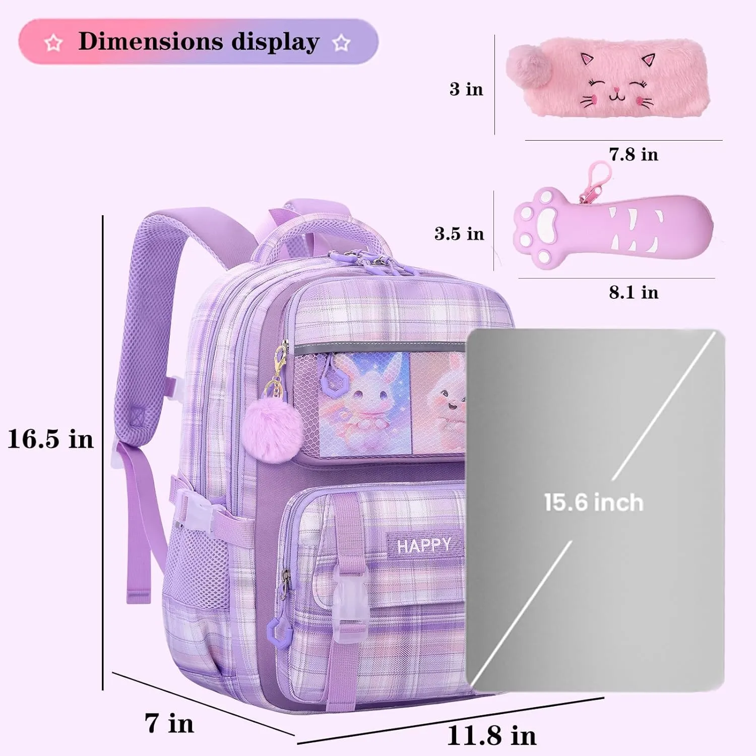 Cute Girls Backpack, Cartoon Kids School Bag 16.5 Inch Laptop Backpack with 2 Pencil Cases (Purple)