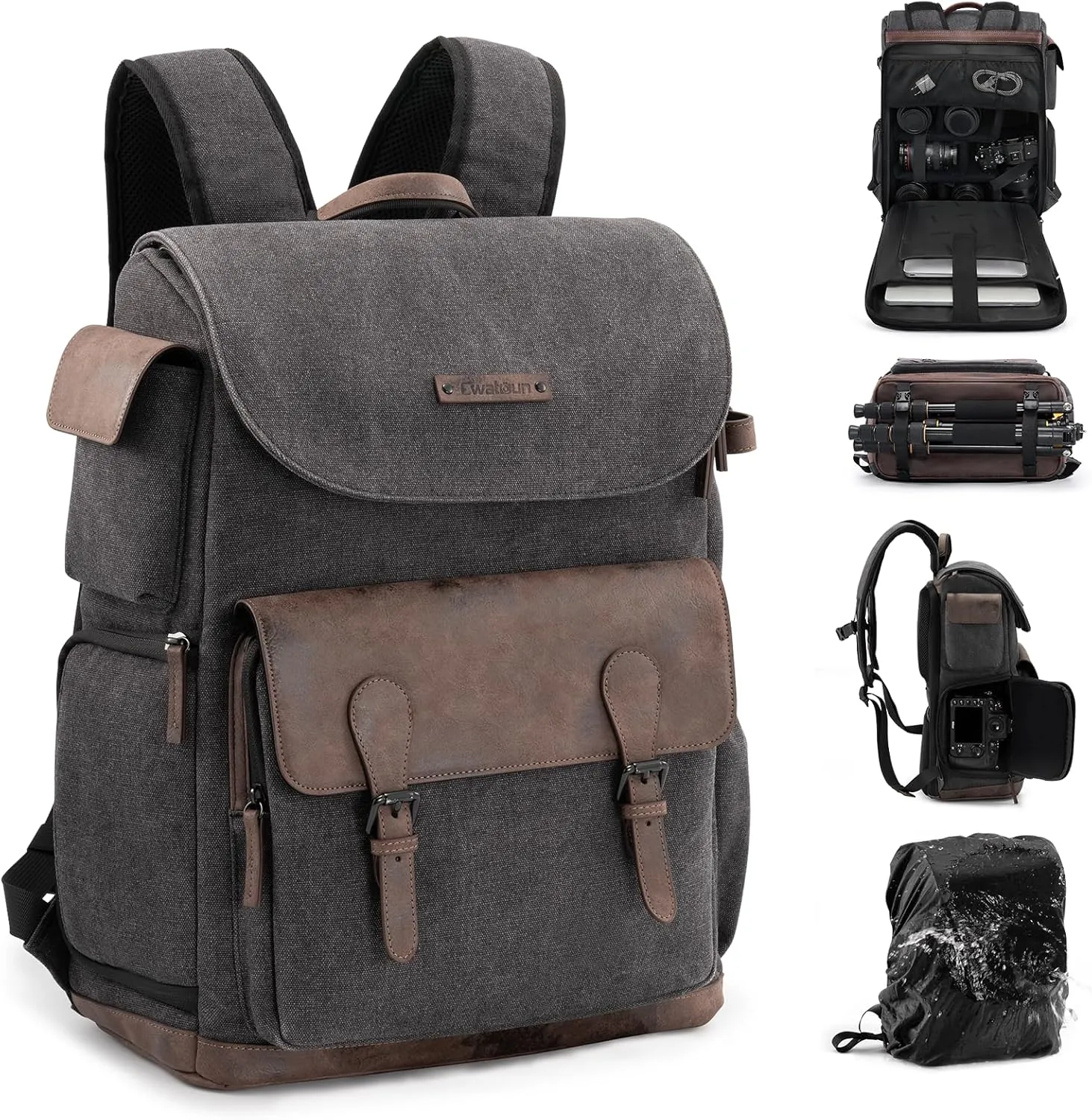 Cwatcun Canvas Camera Backpack, DSLR SLR Camera Bags for Photographers with Waterproof Rain Cover, Camera Case with Laptop Compartment & Tripod Holder for Canon Nikon Sony Fuji Camera & Lenses