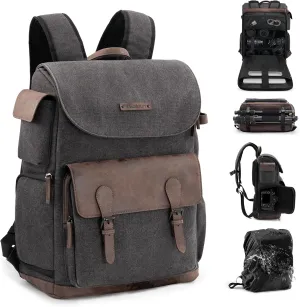 Cwatcun Canvas Camera Backpack, DSLR SLR Camera Bags for Photographers with Waterproof Rain Cover, Camera Case with Laptop Compartment & Tripod Holder for Canon Nikon Sony Fuji Camera & Lenses