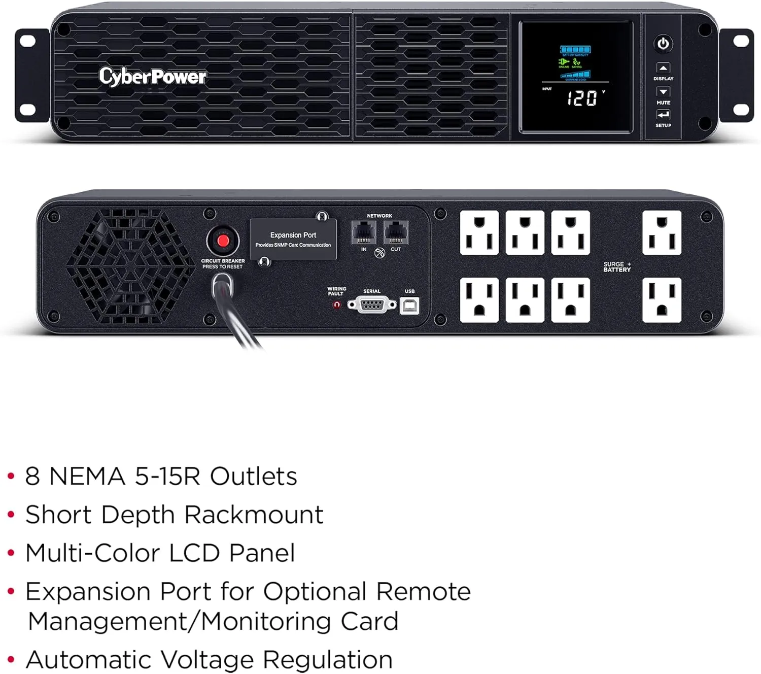CyberPower CP1500PFCRM2U PFC Sinewave UPS System, 1500VA/1000W, 8 Outlets, AVR, Short Depth 2U Rackmount