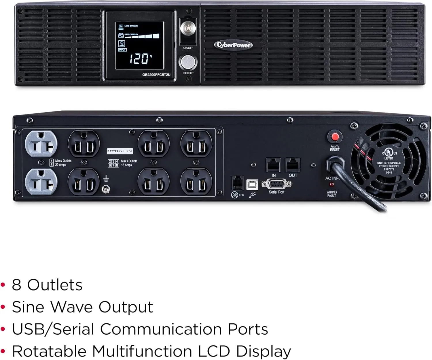 CyberPower OR2200PFCRT2U PFC Sinewave UPS System, 2000VA/1540W, 8 Outlets, AVR, 2U Rack/Tower