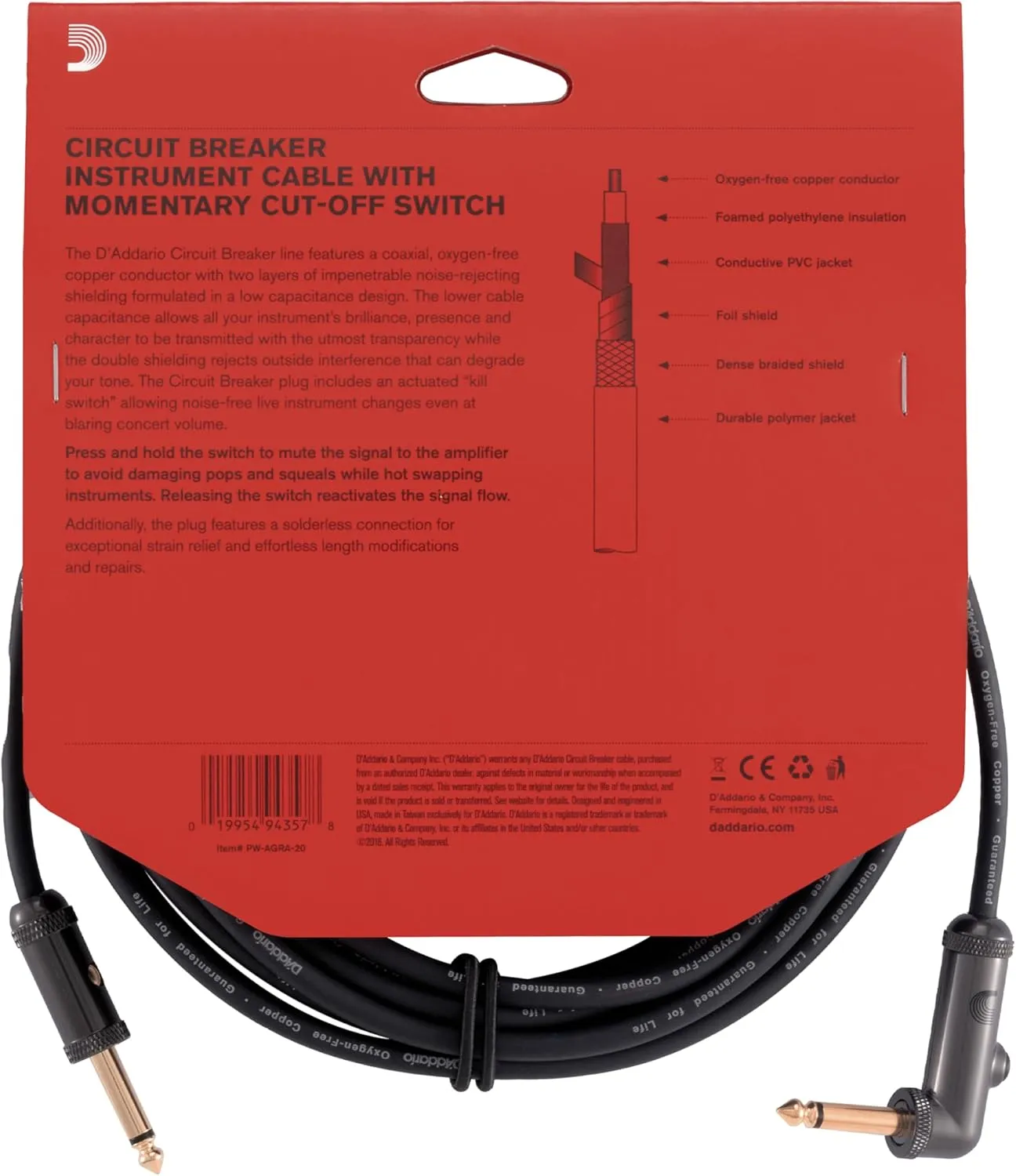 D'Addario Accessories Cable, Black, 20 feet (PW-AGRA-20)