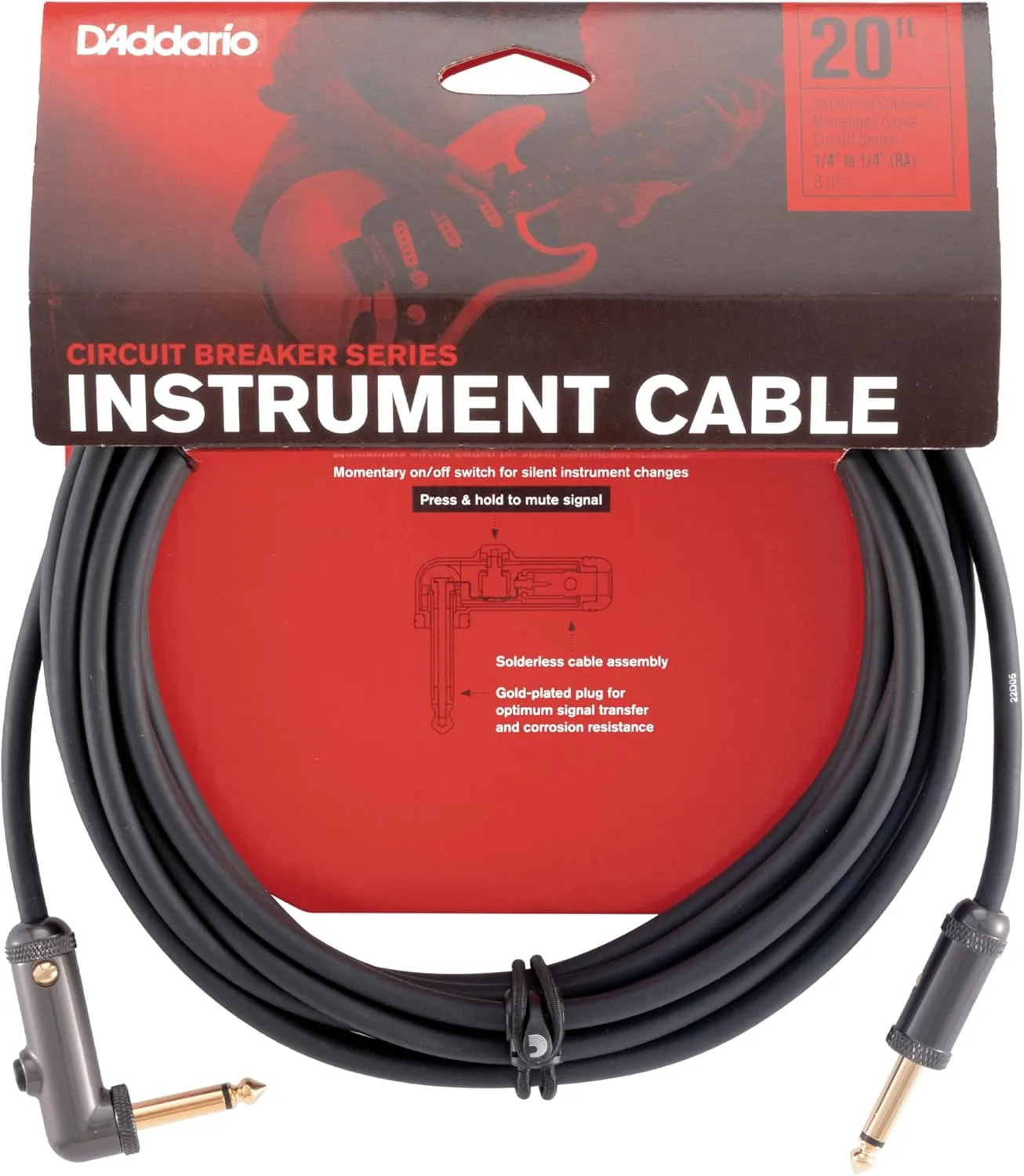 D'Addario Accessories Cable, Black, 20 feet (PW-AGRA-20)