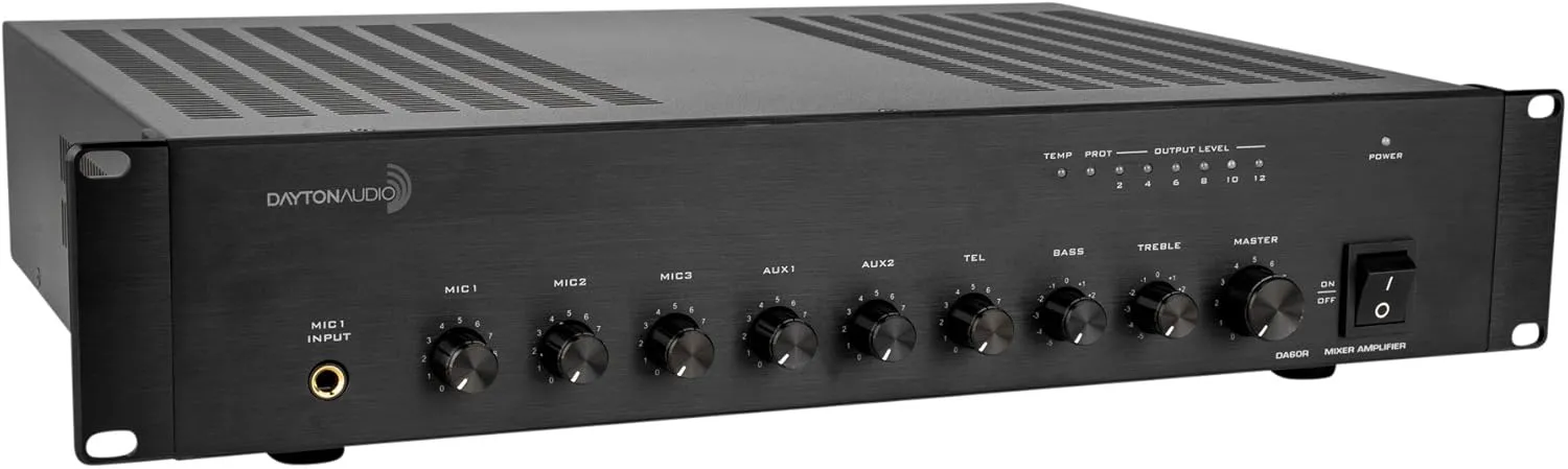 Dayton Audio DA60R 60W 2U Rack Mount Mixer-Amplifier 70V / 100V or 4 Ohm 3 Mic 2 Aux 1 Tel Inputs