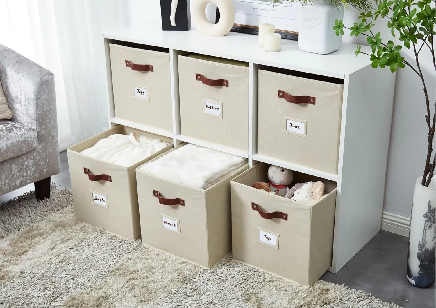 DECOMOMO Storage Bins, Cube Storage Bin with Labels, Fabric Storage Cubes for Shelves (10.5" x 11" / 6pcs, Beige)