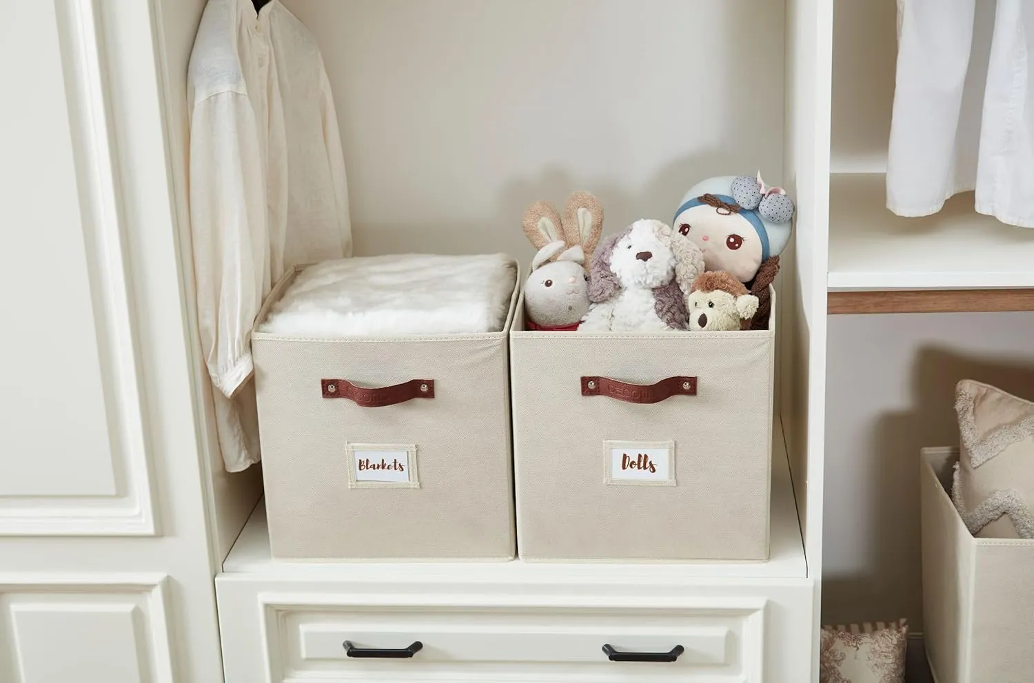DECOMOMO Storage Bins, Cube Storage Bin with Labels, Fabric Storage Cubes for Shelves (10.5" x 11" / 6pcs, Beige)