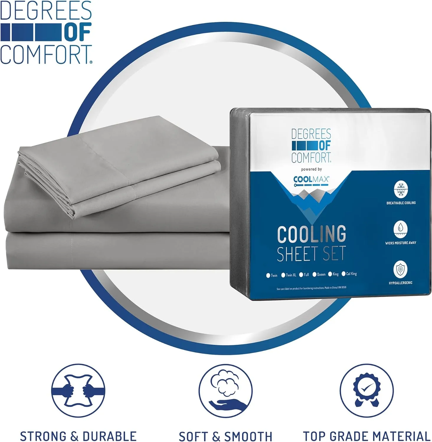 DEGREES OF COMFORT Coolmax Cooling Sheets | Queen Size Bed Sheet Set for Hot Sleepers | Soft Fabric with Deep Pocket, Grey-4PC