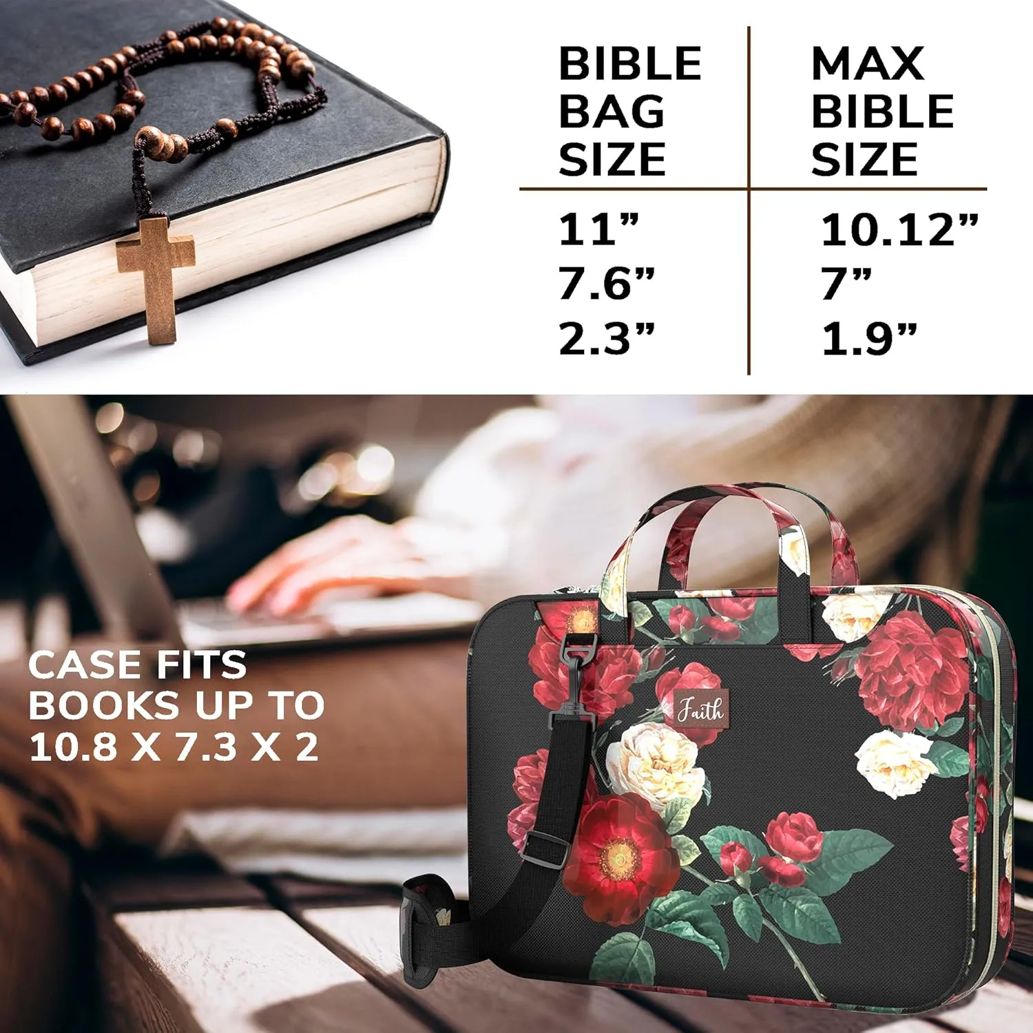 DEHITE Bible Bags for Women – Black Floral Bible Carrying Case – Tote Bag Large – Book Size 10.12 x 7 x 1.9 in – Pen Slot – Zippered Pocket – Shoulder Strap – Premium Fabric – Christian Gift