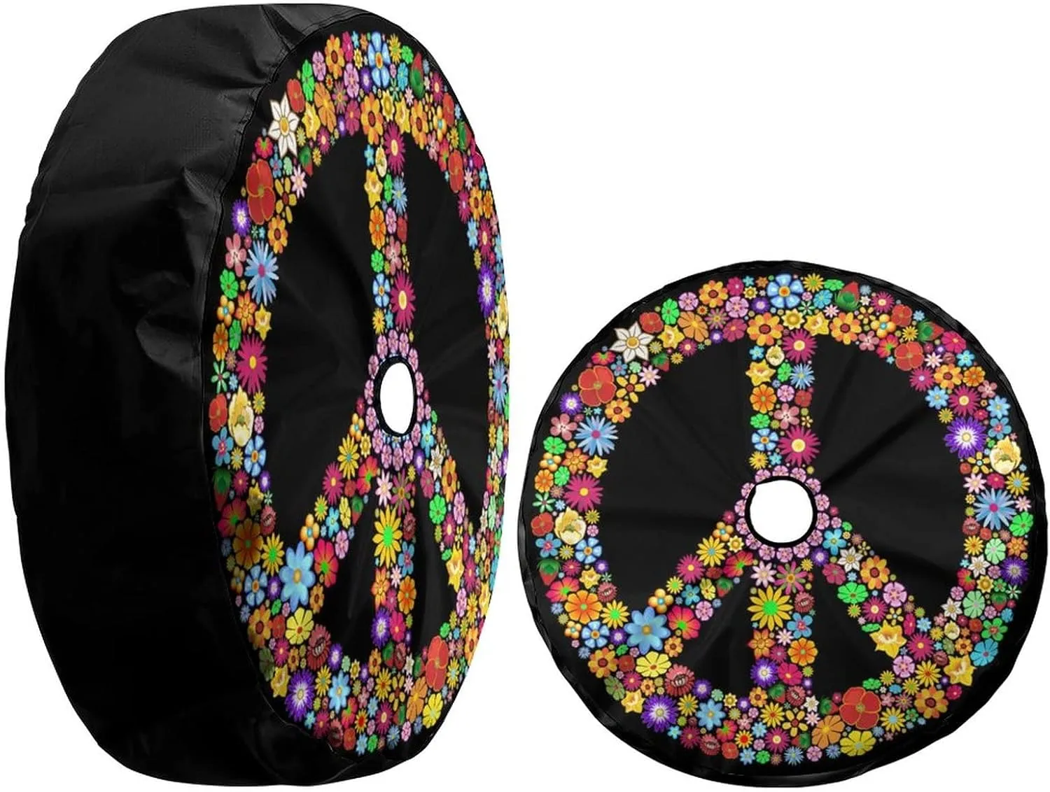 Delerain Spare Tire Cover with Backup Camera Hole Peace Symbol Flowers Wheel Covers Waterproof Dust-Proof UV Sun Universal Fit for RV Trailer RV SUV Truck (17 Inch for Diameter 31"-33")
