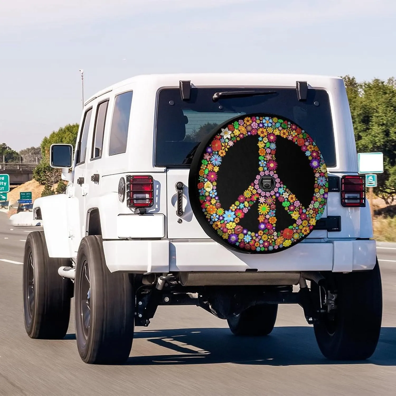 Delerain Spare Tire Cover with Backup Camera Hole Peace Symbol Flowers Wheel Covers Waterproof Dust-Proof UV Sun Universal Fit for RV Trailer RV SUV Truck (17 Inch for Diameter 31"-33")