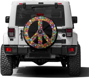 Delerain Spare Tire Cover with Backup Camera Hole Peace Symbol Flowers Wheel Covers Waterproof Dust-Proof UV Sun Universal Fit for RV Trailer RV SUV Truck (17 Inch for Diameter 31"-33")