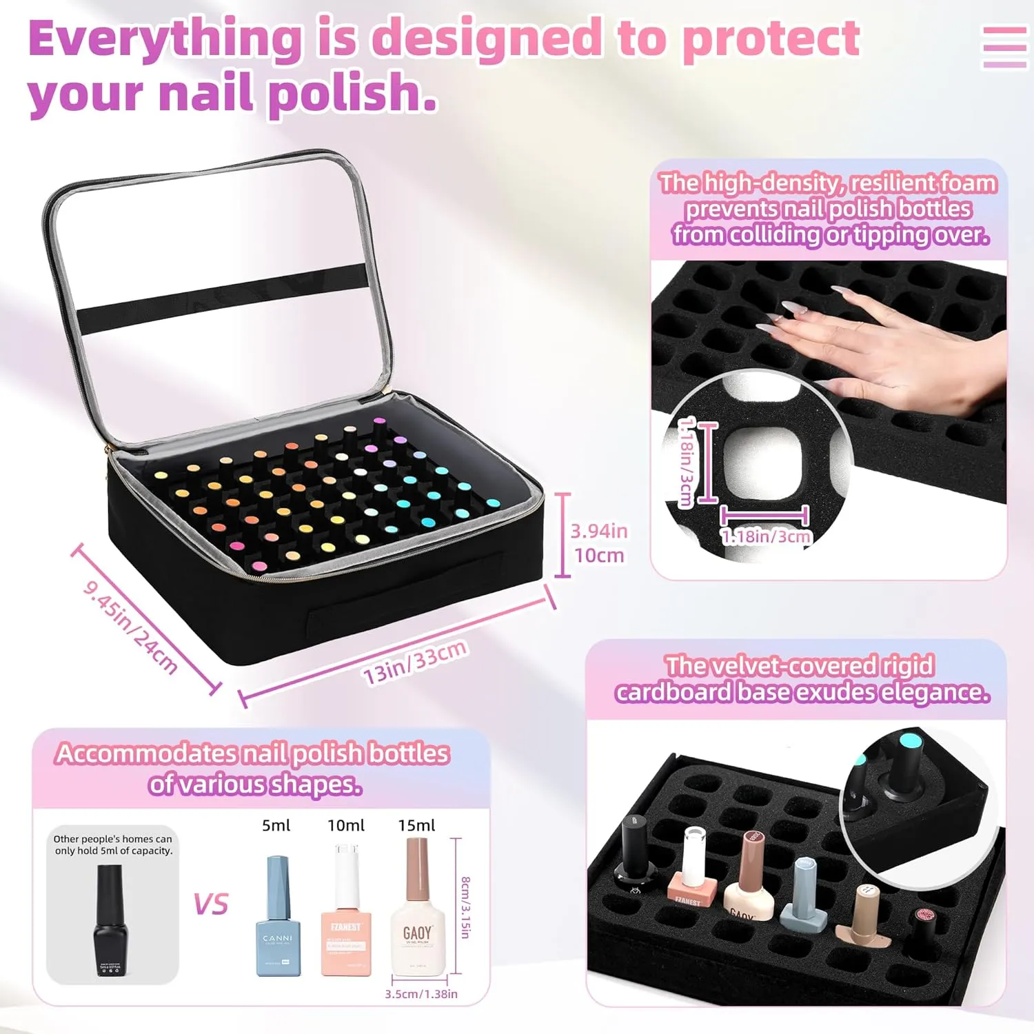 DERSTUEWE Nail Polish Organizer Case for 96 Bottles & Nail Lamp, Waterproof Double-Layer Storage Bag with Hard Bottom, Portable for Home & Travel