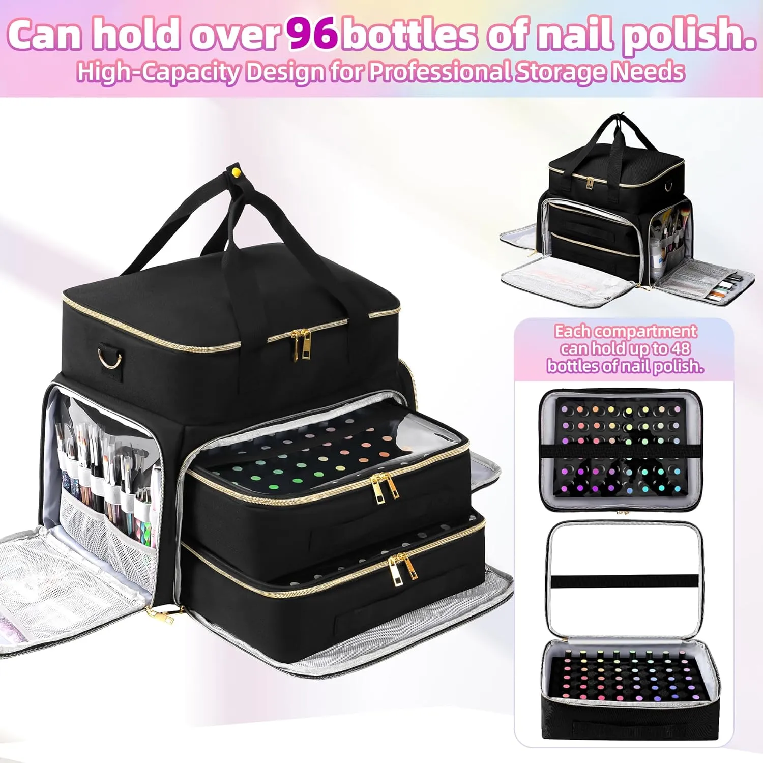 DERSTUEWE Nail Polish Organizer Case for 96 Bottles & Nail Lamp, Waterproof Double-Layer Storage Bag with Hard Bottom, Portable for Home & Travel