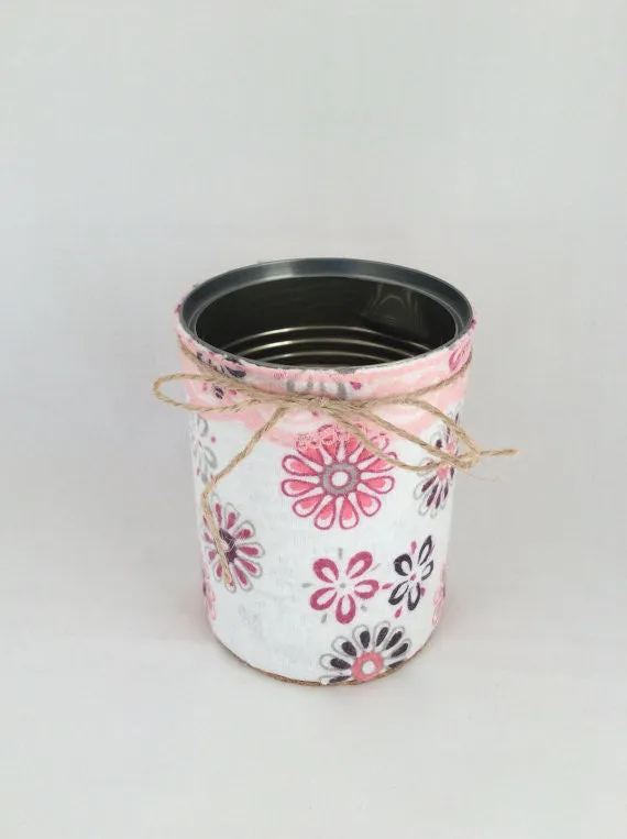 Desk Organizer, Tin Cans Hand Wrapped in Decorative Fabric and Twine