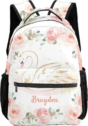 Deven Gold Swan Princess Floral Personalized Kids Backpack for Boy/Girl Teen Primary School Daypack Travel Bag Bookbag