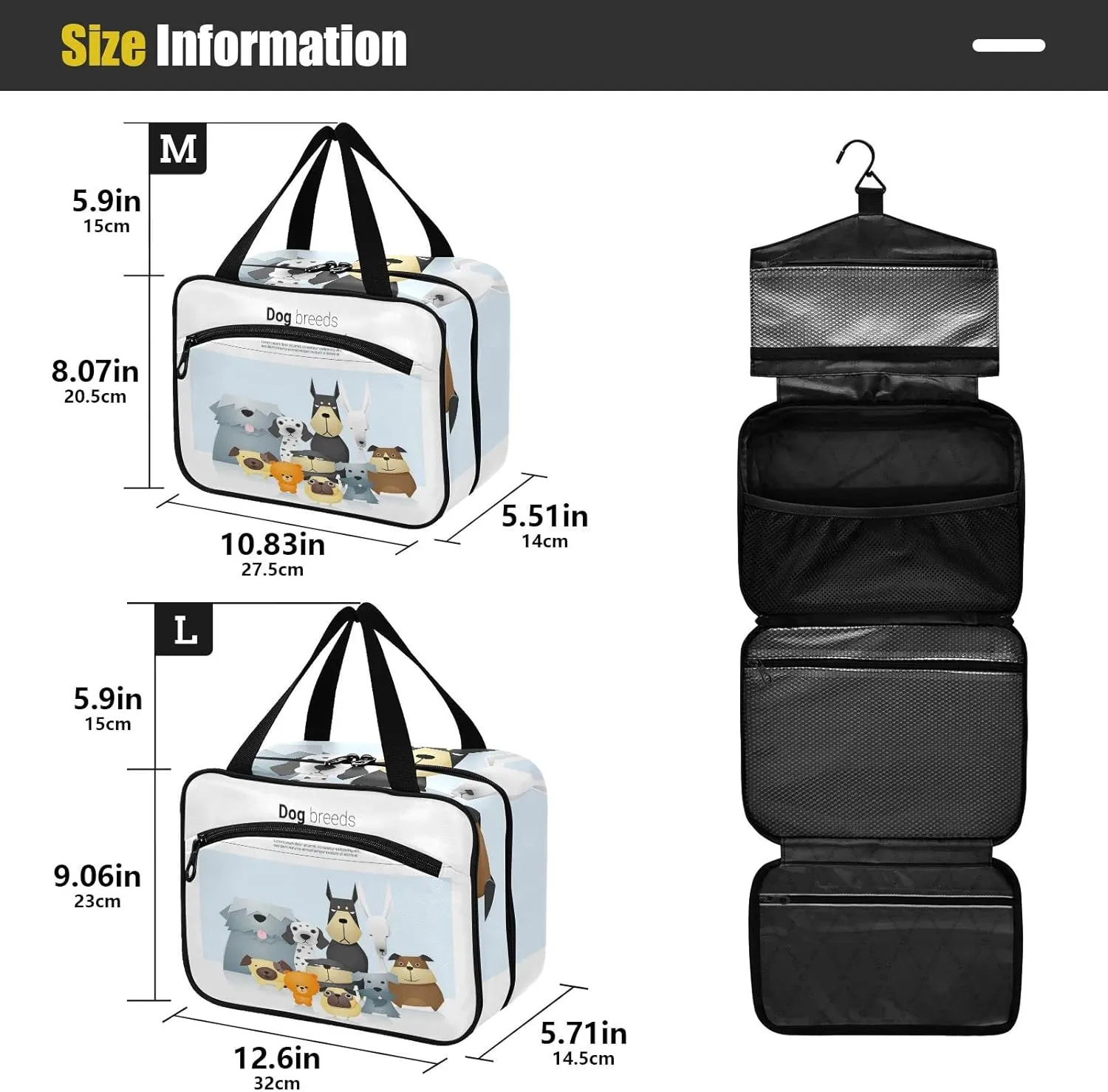 Different Cute Dog Breeds Women's Portable Makeup Bag with Handle Cosmetic Bag, Twill Cloth Travel Cosmetic Bag, Polyester Toiletry Bag for Women M Size