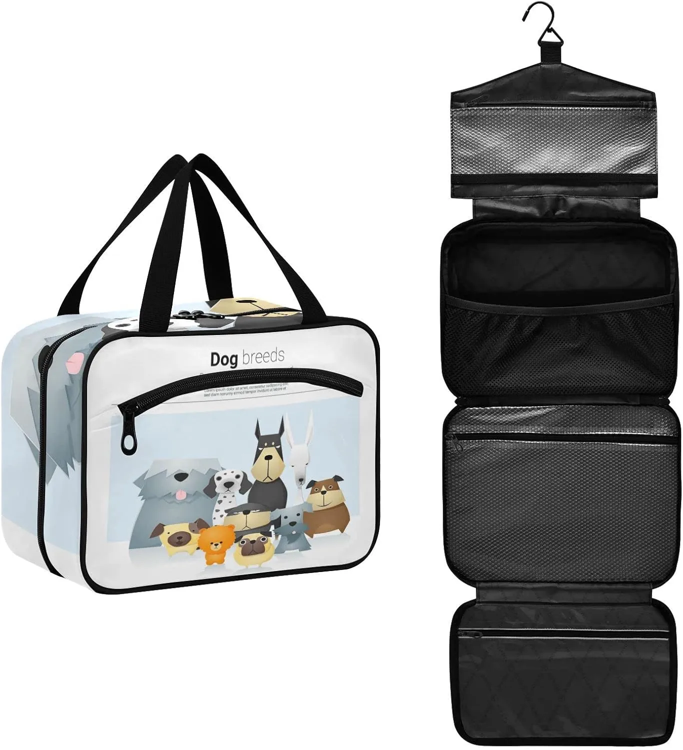 Different Cute Dog Breeds Women's Portable Makeup Bag with Handle Cosmetic Bag, Twill Cloth Travel Cosmetic Bag, Polyester Toiletry Bag for Women M Size