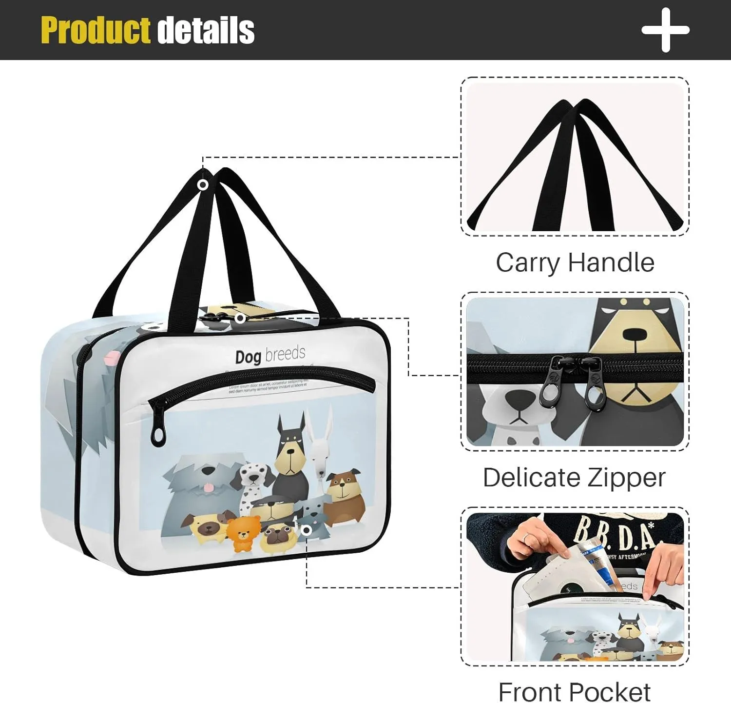 Different Cute Dog Breeds Women's Portable Makeup Bag with Handle Cosmetic Bag, Twill Cloth Travel Cosmetic Bag, Polyester Toiletry Bag for Women M Size