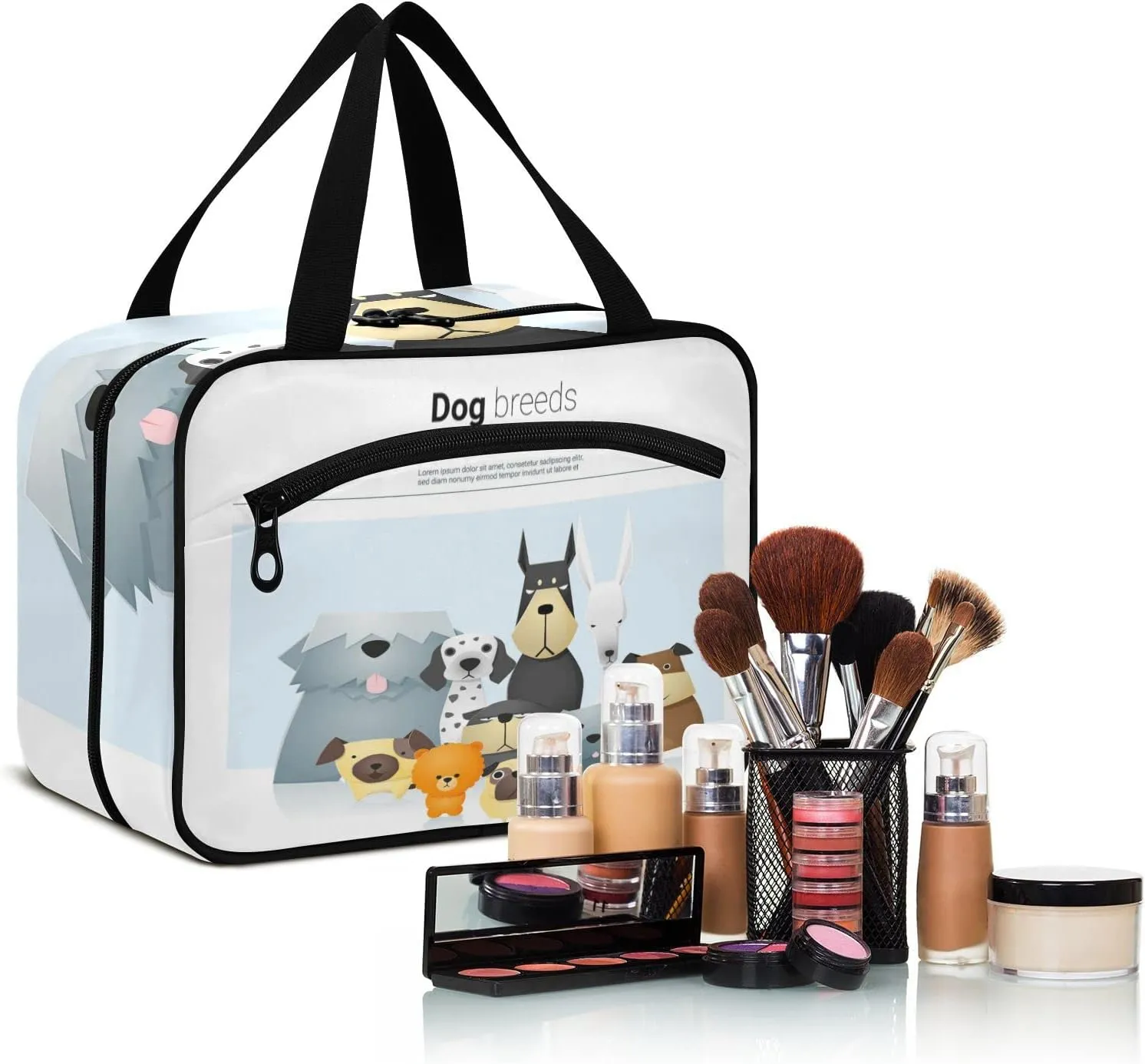 Different Cute Dog Breeds Women's Portable Makeup Bag with Handle Cosmetic Bag, Twill Cloth Travel Cosmetic Bag, Polyester Toiletry Bag for Women M Size