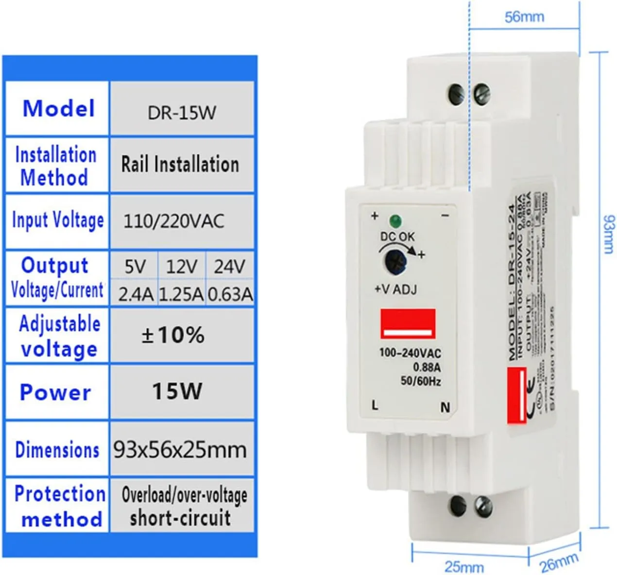 DIN Rail Switching Power Supply DR-15W 30W 45W 60W Single Output 5V 12V 24V AC DC Converter Power Switch Input 110/240VAC (Size : 12V, Color : 15W)