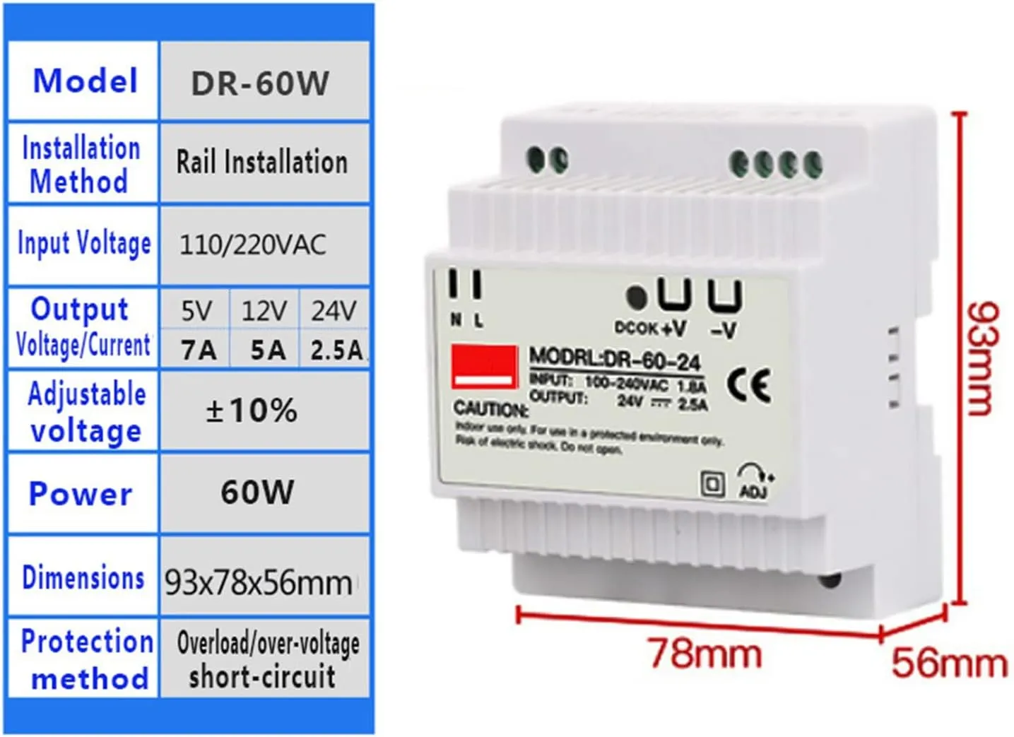 DIN Rail Switching Power Supply DR-15W 30W 45W 60W Single Output 5V 12V 24V AC DC Converter Power Switch Input 110/240VAC (Size : 24V, Color : 60W)