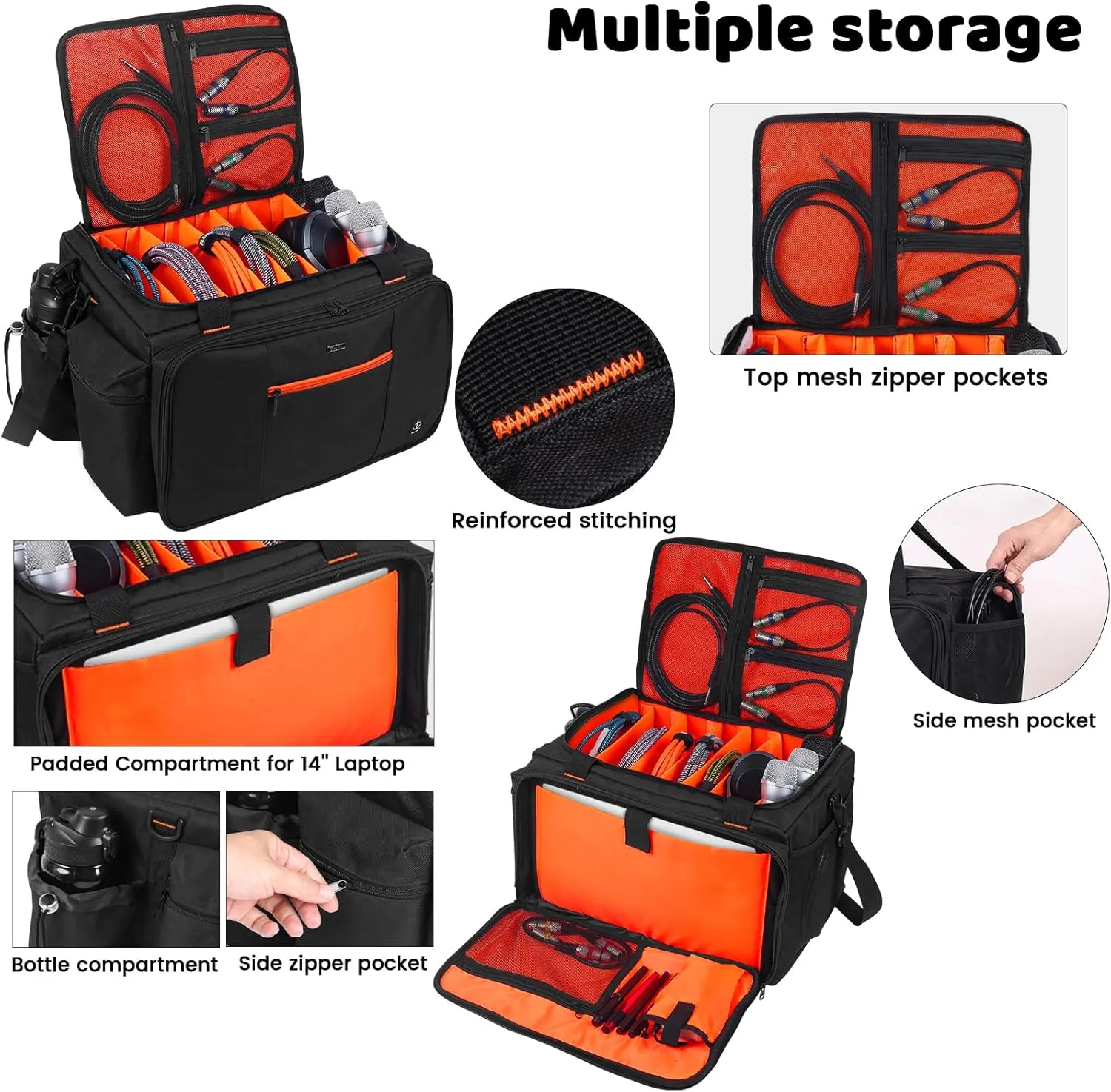 DJ Bag with 6 Removable Dividers，DJ cable bag with heavy oxford cloth & Padded Shoulder Strap，Gig bag for Professional DJ Gear, Musical Instrument and Accessories