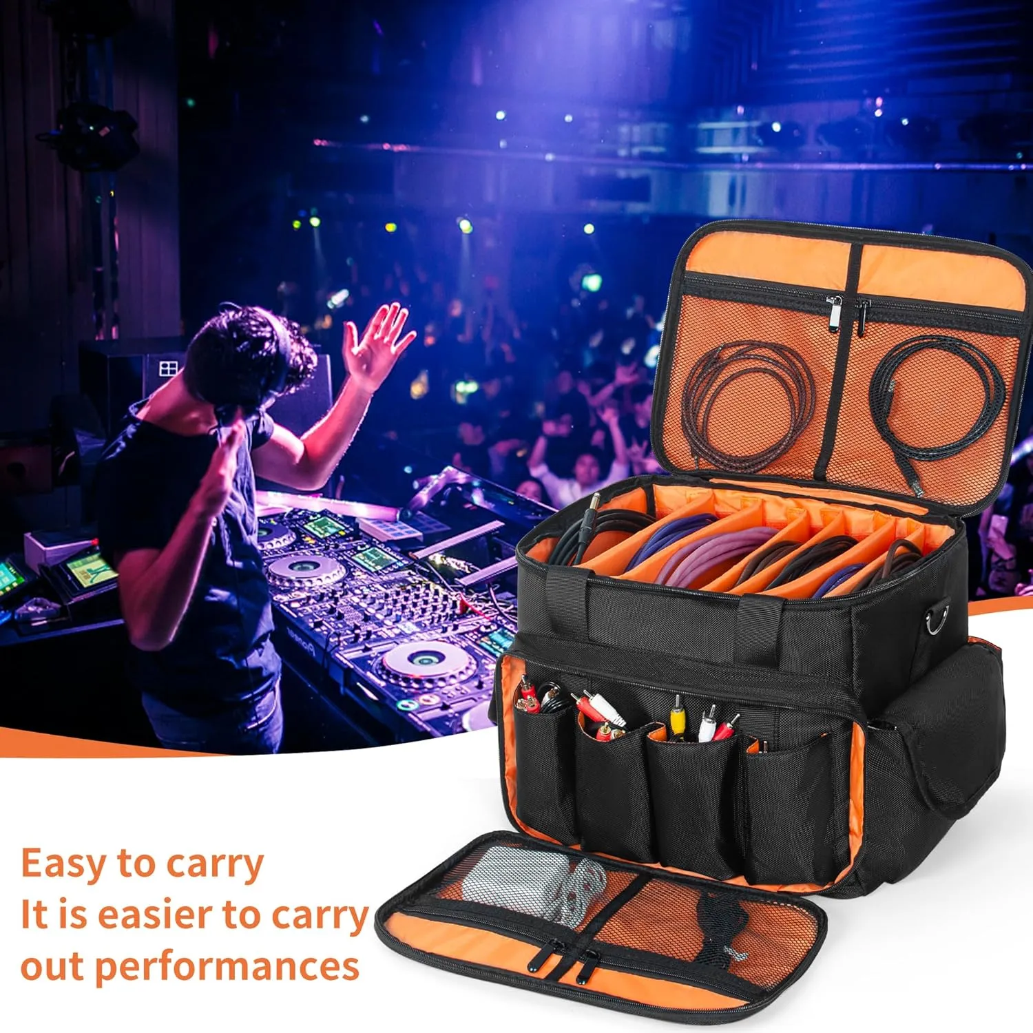 DJ Cable File Bag with 6 Detachable Dividers Gig Cable Bag for Cords,DJ Gear,Sound Instrument and Accessories 12"x8"x8"