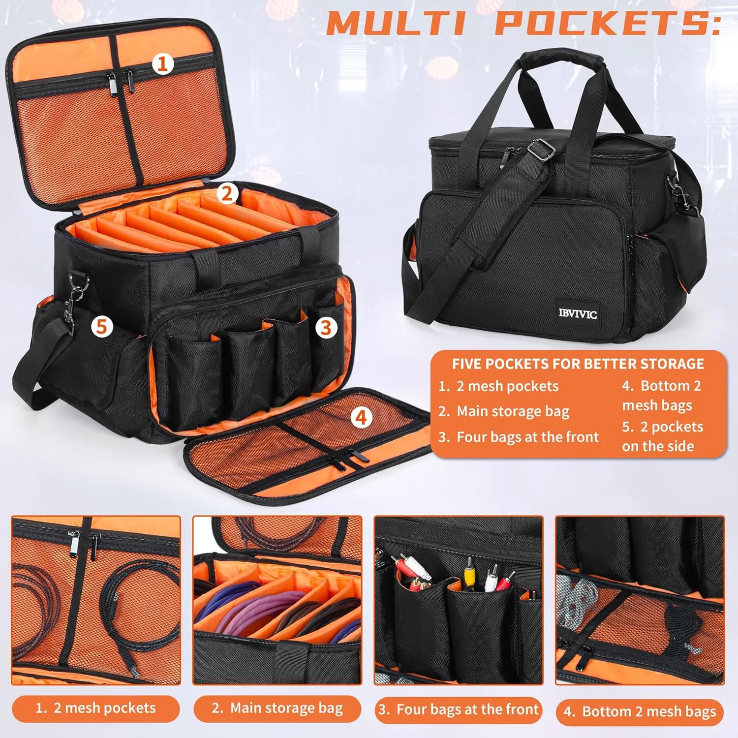 DJ Cable File Bag with 6 Detachable Dividers Gig Cable Bag for Cords,DJ Gear,Sound Instrument and Accessories 12"x8"x8"