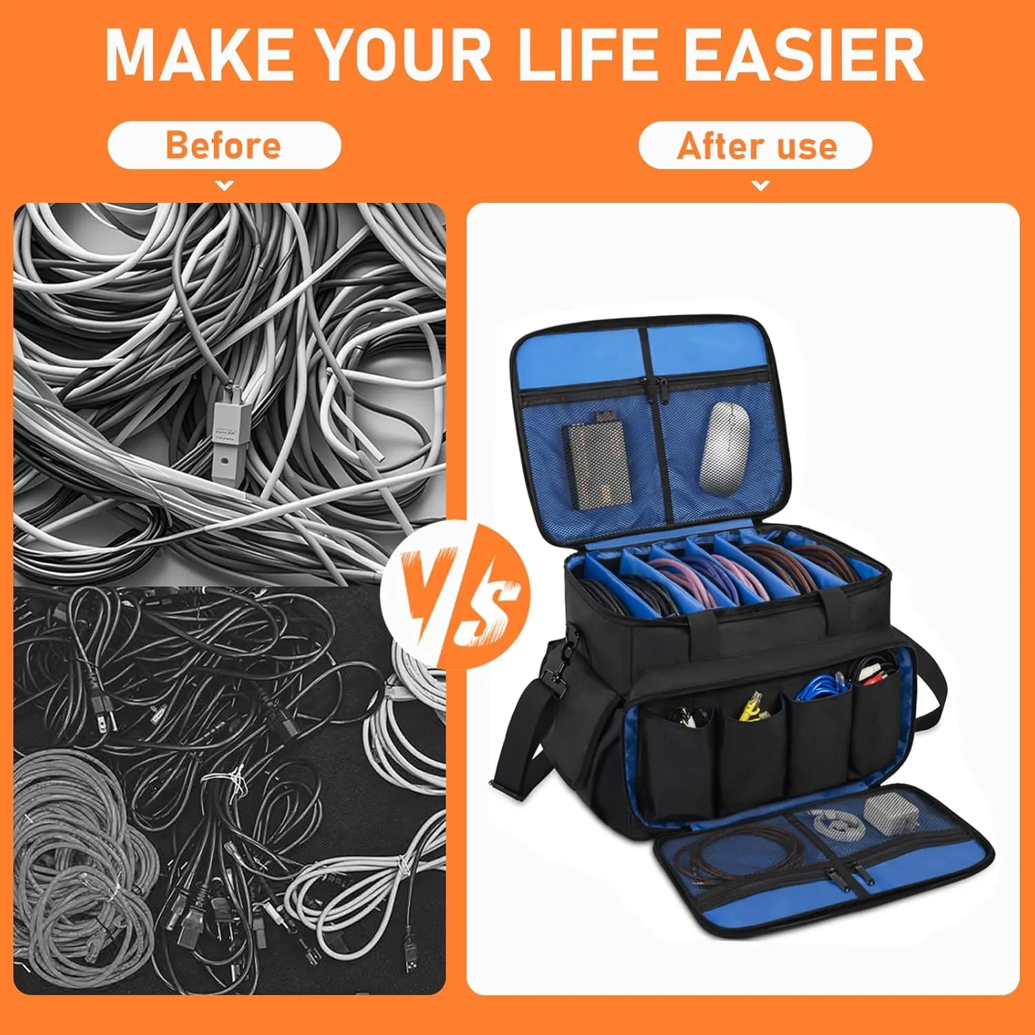 DJ Cable File Bag with 6 Detachable Dividers High Capacity Gig Cable Bag for Cords,DJ Gear,Sound Instrument and Accessories, Blue