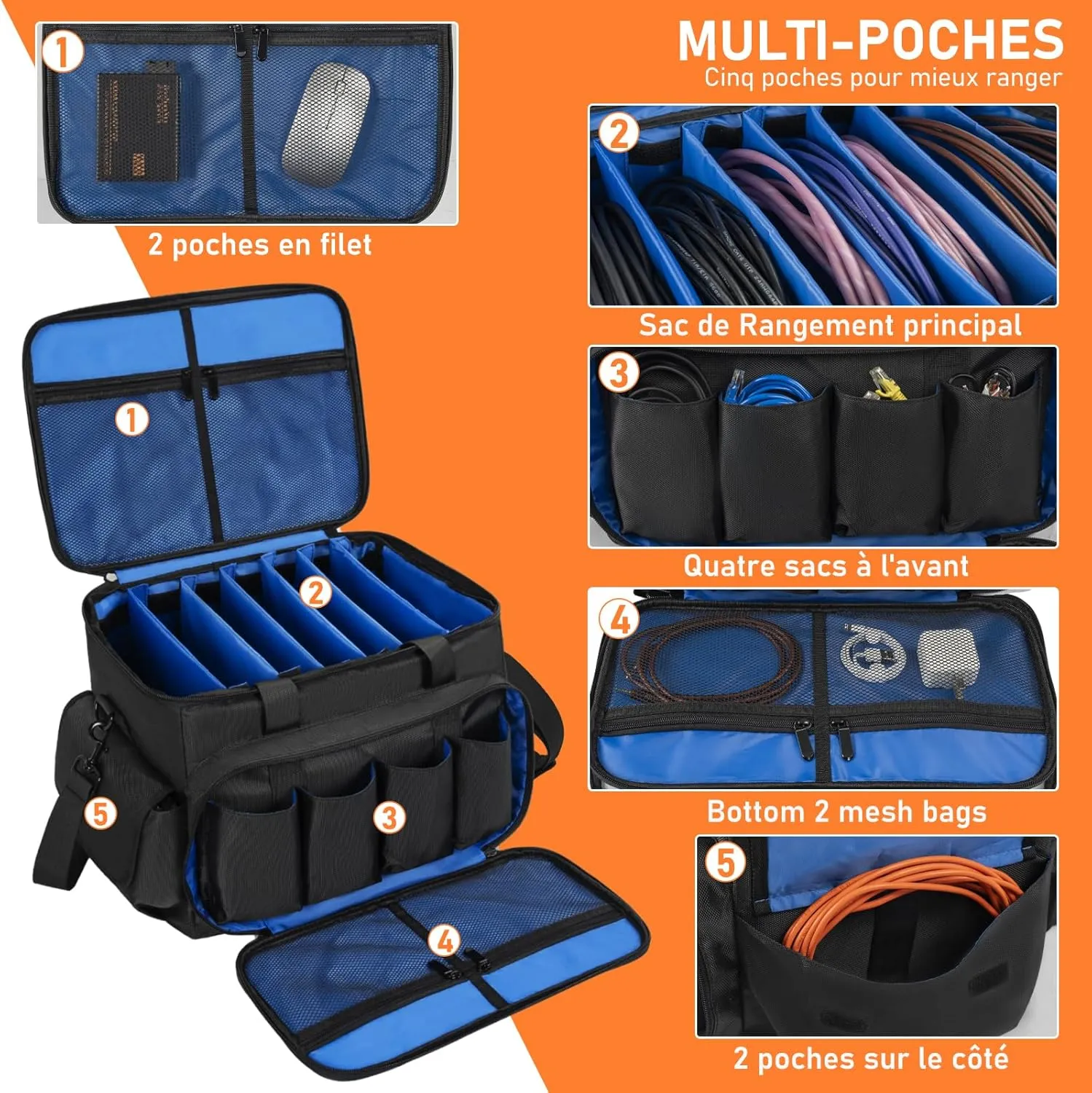 DJ Cable File Bag with 6 Detachable Dividers High Capacity Gig Cable Bag for Cords,DJ Gear,Sound Instrument and Accessories, Blue