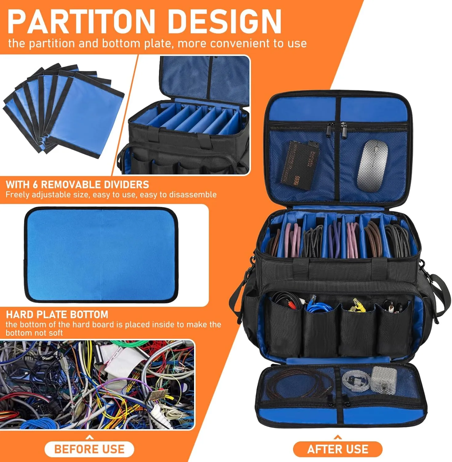 DJ Cable File Bag with 6 Detachable Dividers High Capacity Gig Cable Bag for Cords,DJ Gear,Sound Instrument and Accessories, Blue