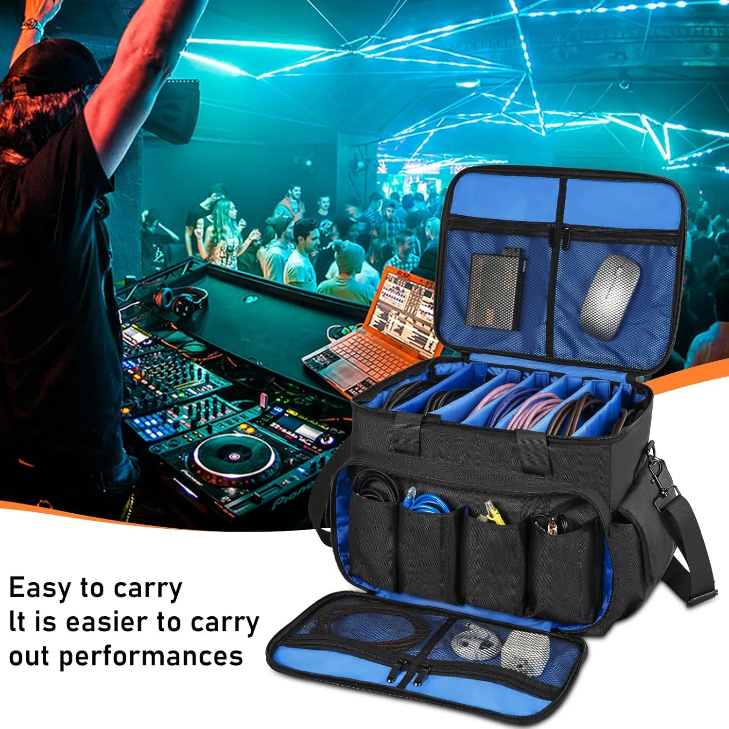 DJ Cable File Bag with 6 Detachable Dividers High Capacity Gig Cable Bag for Cords,DJ Gear,Sound Instrument and Accessories, Blue