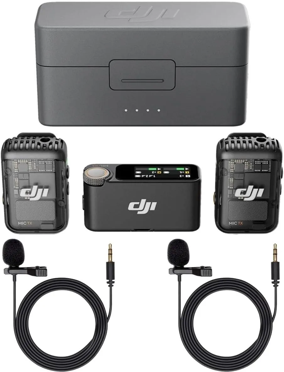 DJI Mic 2 (2 TX   1 RX   Charging Case), All-in-one Wireless Microphone, Intelligent Noise Cancelling, for iPhone, Android, Camera Bundle with, 2x Turnstile Omnidirectional Condenser Lavalier