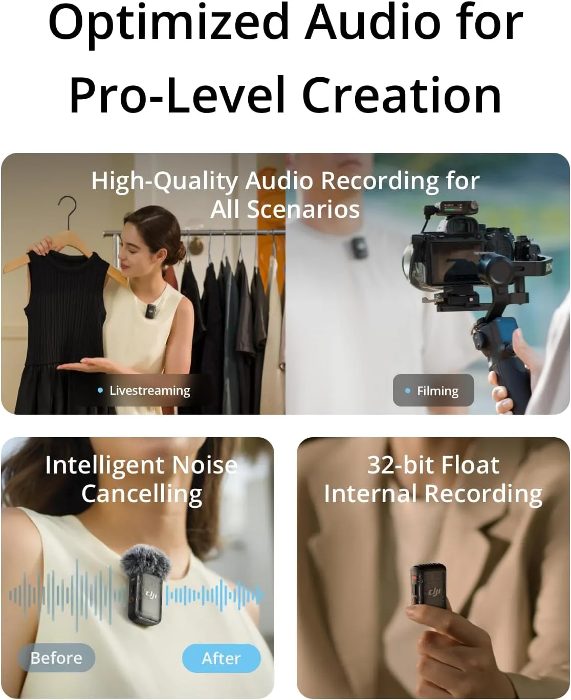 DJI Mic 2 (2 TX   1 RX   Charging Case), Wireless Lavalier Microphone, Intelligent Noise Cancelling, 32-bit Float Internal Recording, 820 ft.(250m) Range, Microphone for iPhone, Android, Camera