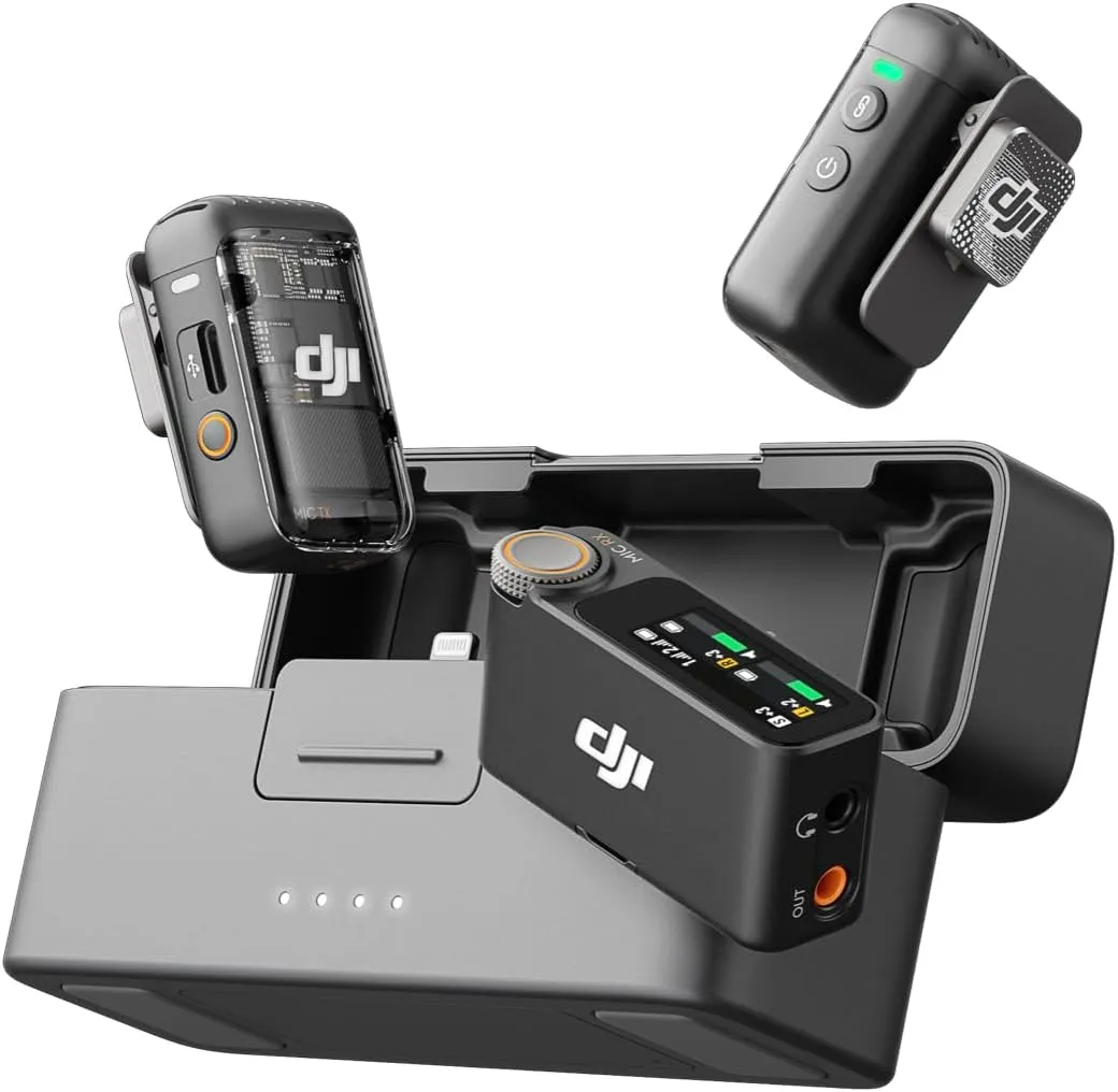 DJI Mic 2 (2 TX   1 RX   Charging Case), Wireless Lavalier Microphone, Intelligent Noise Cancelling, 32-bit Float Internal Recording, 820 ft.(250m) Range, Microphone for iPhone, Android, Camera