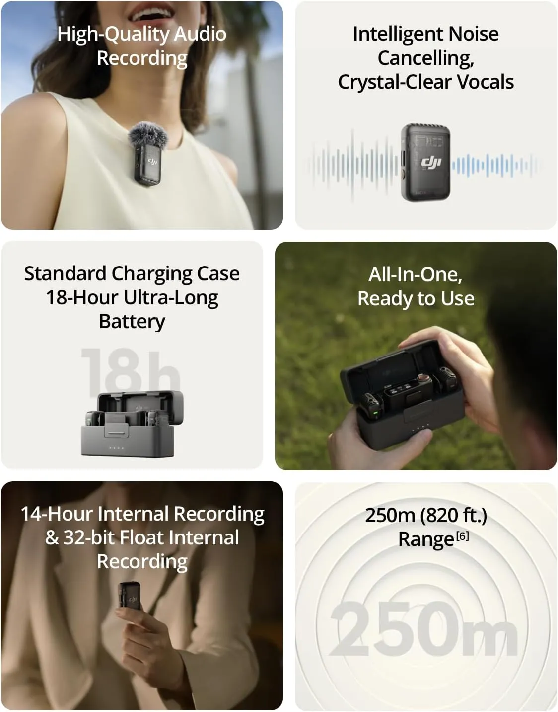 DJI Mic 2 (2 TX   1 RX   Charging Case), Wireless Lavalier Microphone, Intelligent Noise Cancelling, 32-bit Float Internal Recording, 820 ft.(250m) Range, Microphone for iPhone, Android, Camera