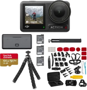 DJI Osmo Action 4 Camera, Includes Extreme Battery, Curved Adhesive Base, Protective Frame - Bundle with 64GB microSD Card, 47-Pc Accessory Kit (Adventure Combo)