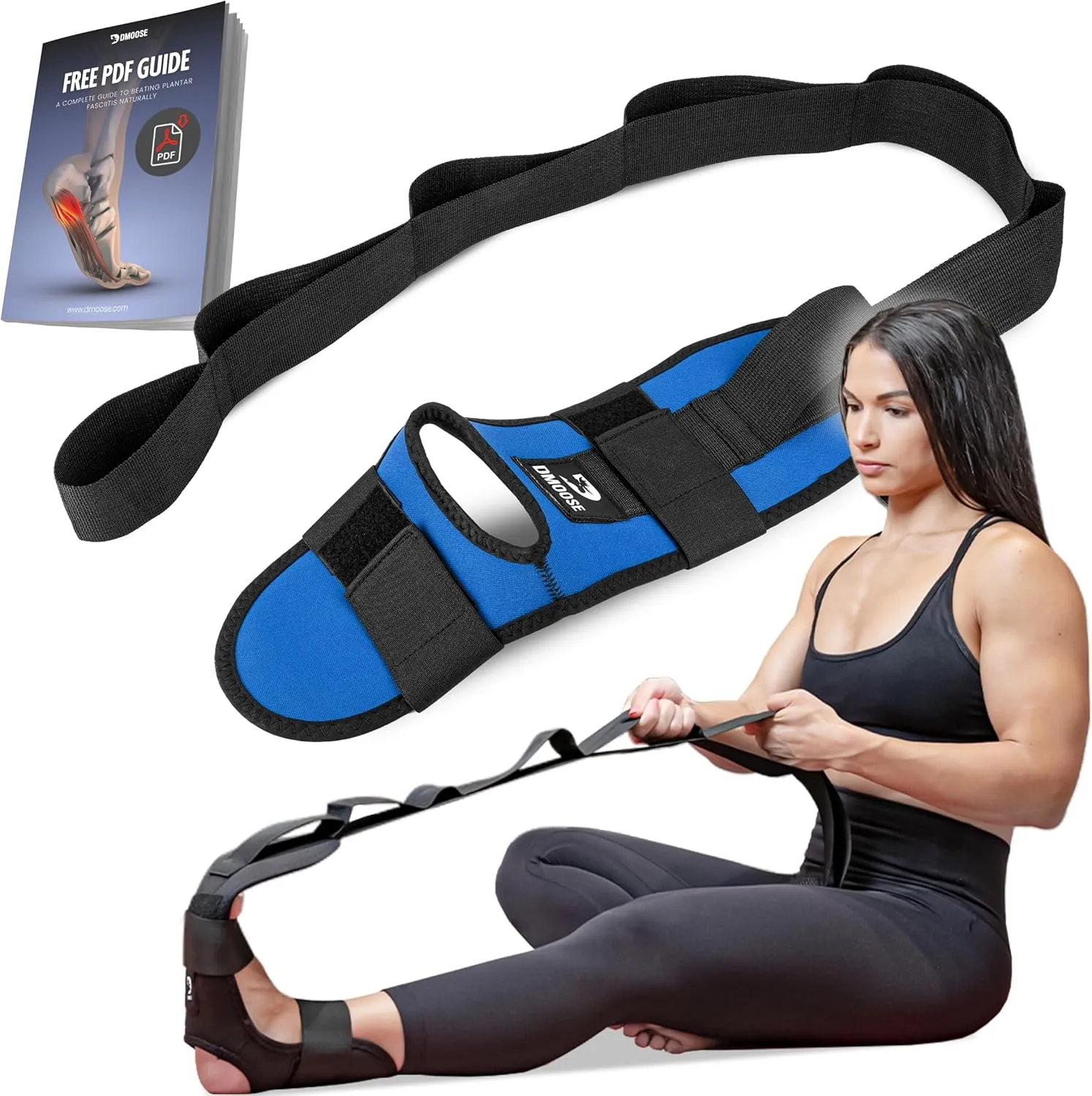 DMoose Fitness Foot & Calf Stretcher with Adjustable Padded Stretching Strap for Plantar Fasciitis, Hamstring, Heel Spurs and Achilles Tendonitis Relief - Yoga Leg Stretch Strap Velcro for Flexibility
