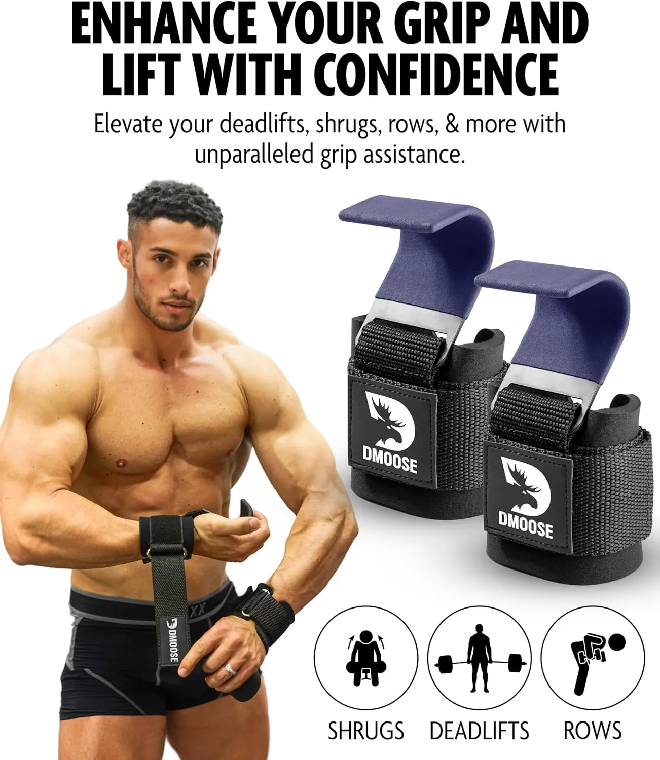 DMoose Fitness Weight Lifting Hooks for Men & Women (Pair) - 8 mm Thick Wrist Padding - Weight Grips for Powerlifting, Shrugs, Rows & Deadlift Support - Gym Lifting Straps with Pull Up Hooks