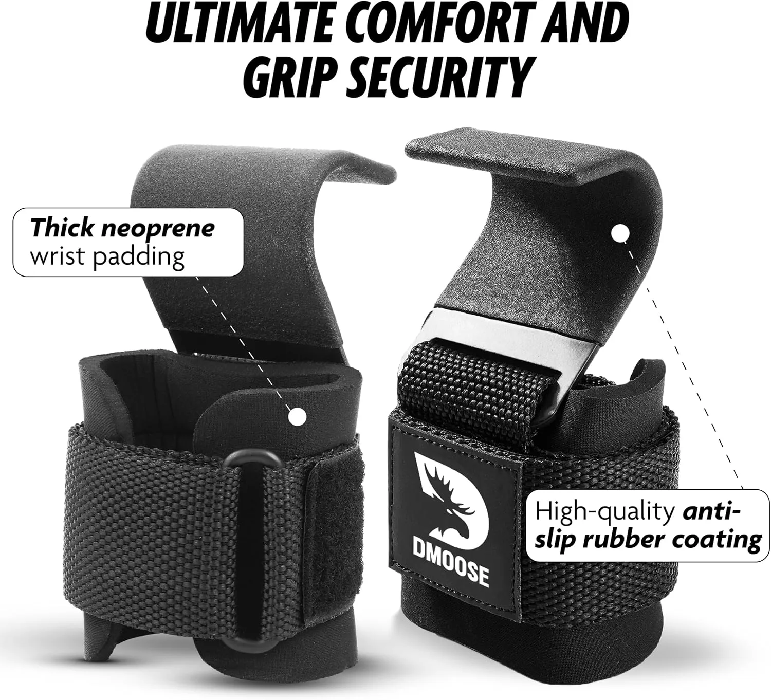 DMoose Fitness Weight Lifting Hooks for Men & Women (Pair) - 8 mm Thick Wrist Padding - Weight Grips for Powerlifting, Shrugs, Rows & Deadlift Support - Gym Lifting Straps with Pull Up Hooks