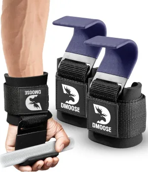 DMoose Fitness Weight Lifting Hooks for Men & Women (Pair) - 8 mm Thick Wrist Padding - Weight Grips for Powerlifting, Shrugs, Rows & Deadlift Support - Gym Lifting Straps with Pull Up Hooks