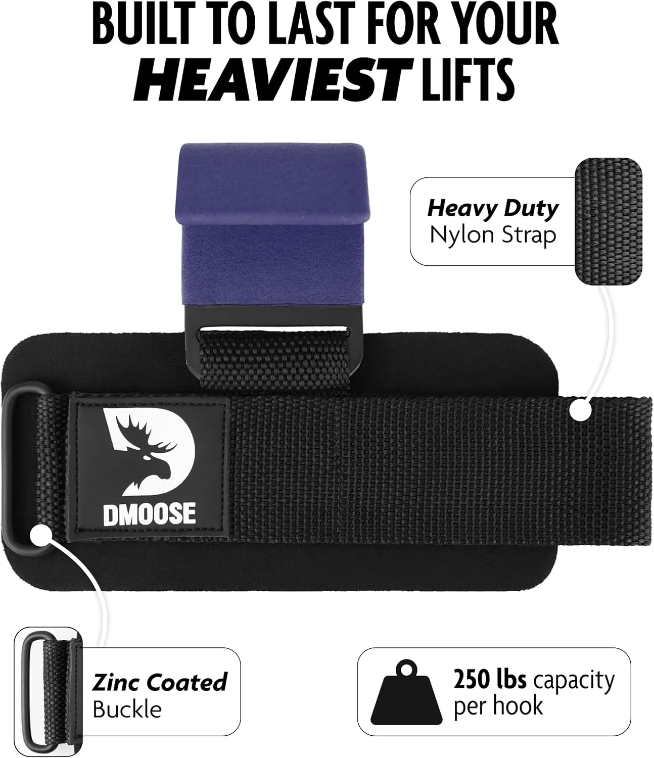 DMoose Fitness Weight Lifting Hooks for Men & Women (Pair) - 8 mm Thick Wrist Padding - Weight Grips for Powerlifting, Shrugs, Rows & Deadlift Support - Gym Lifting Straps with Pull Up Hooks