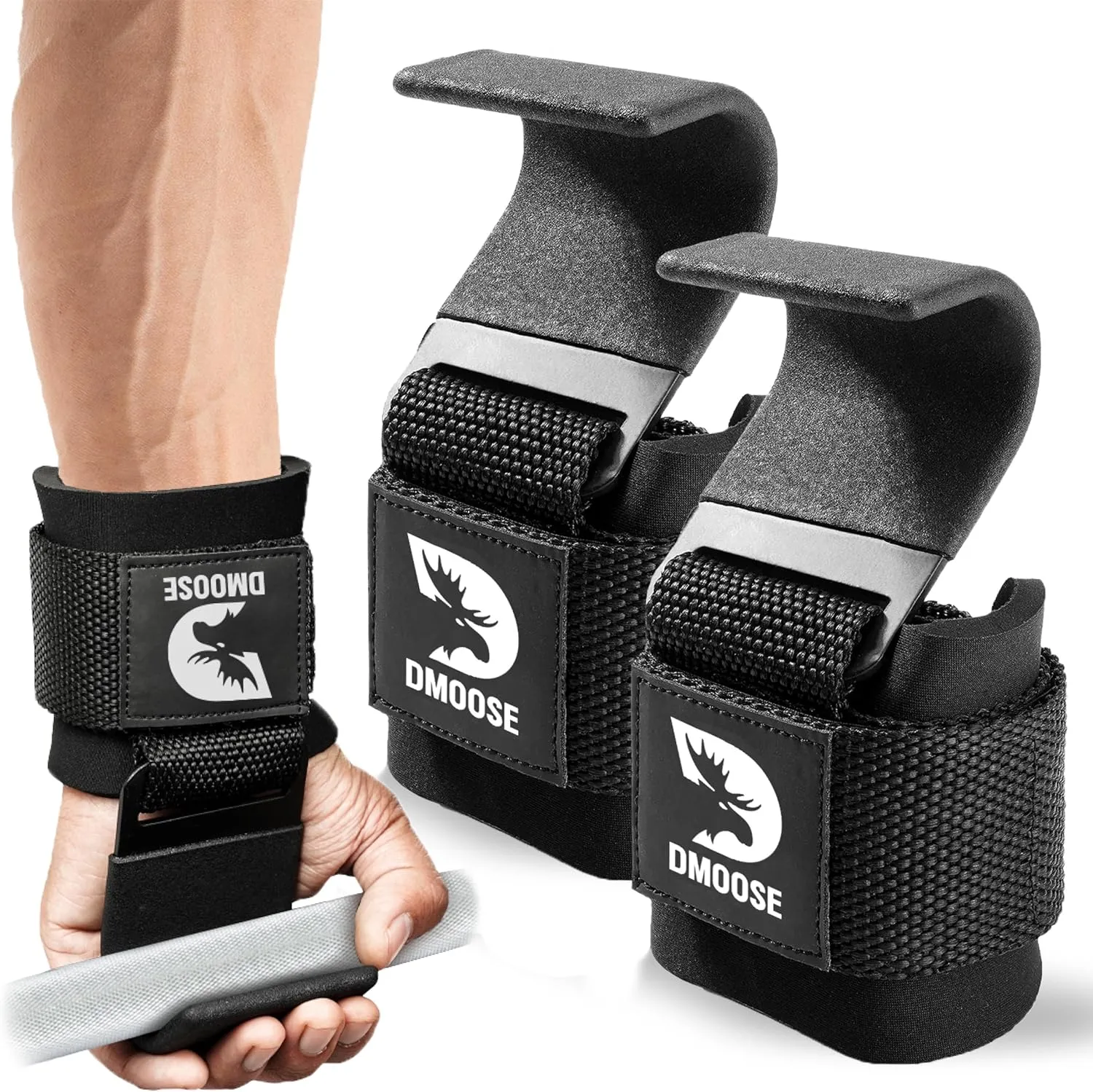 DMoose Fitness Weight Lifting Hooks for Men & Women (Pair) - 8 mm Thick Wrist Padding - Weight Grips for Powerlifting, Shrugs, Rows & Deadlift Support - Gym Lifting Straps with Pull Up Hooks