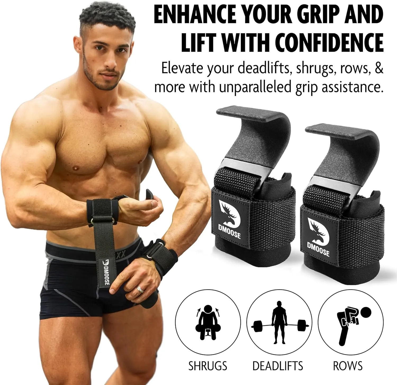 DMoose Fitness Weight Lifting Hooks for Men & Women (Pair) - 8 mm Thick Wrist Padding - Weight Grips for Powerlifting, Shrugs, Rows & Deadlift Support - Gym Lifting Straps with Pull Up Hooks