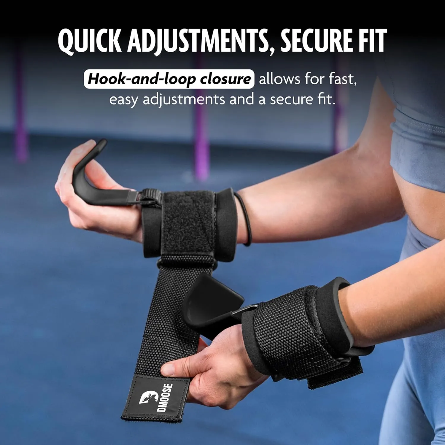 DMoose Fitness Weight Lifting Hooks for Men & Women (Pair) - 8 mm Thick Wrist Padding - Weight Grips for Powerlifting, Shrugs, Rows & Deadlift Support - Gym Lifting Straps with Pull Up Hooks