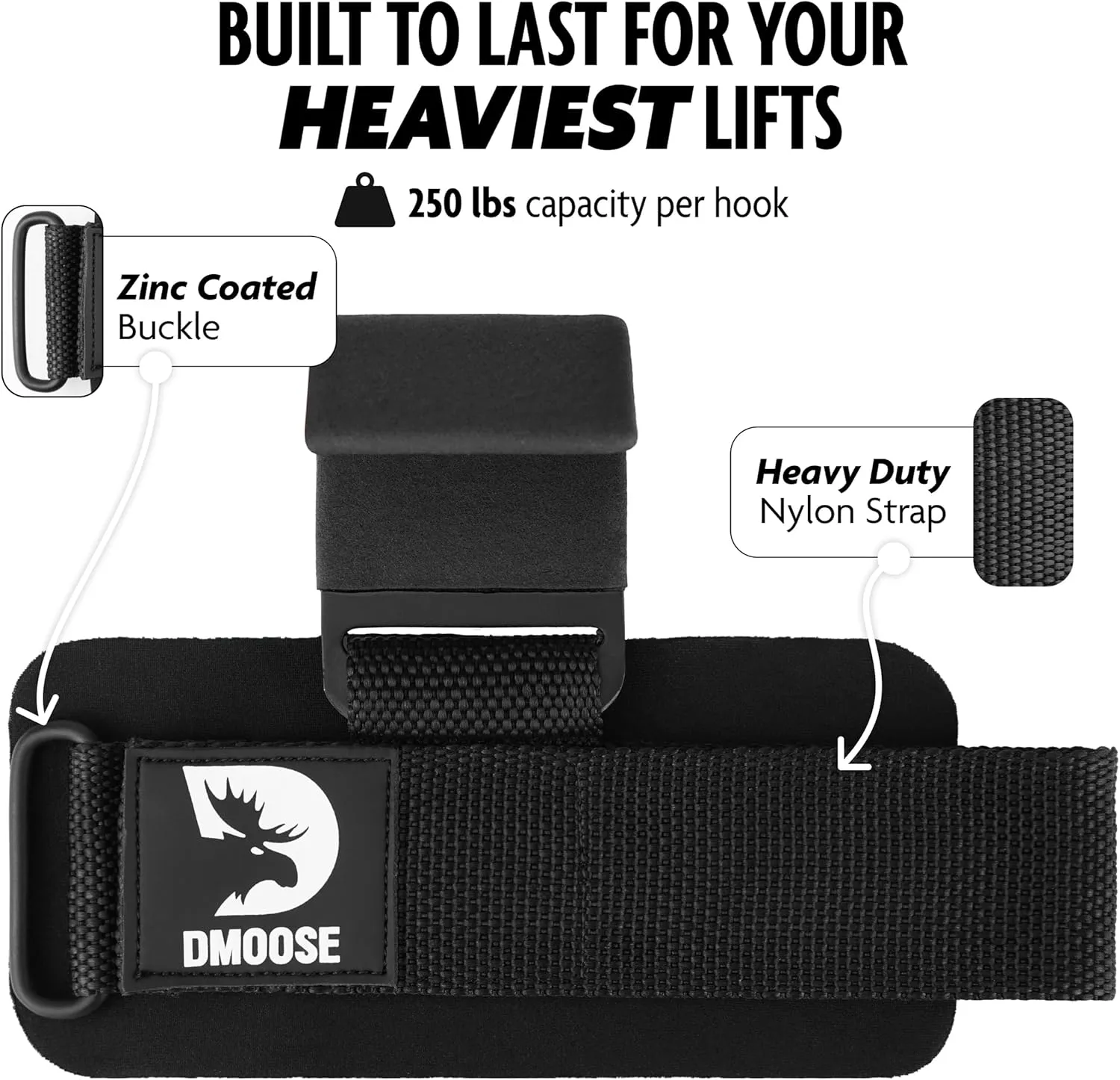 DMoose Fitness Weight Lifting Hooks for Men & Women (Pair) - 8 mm Thick Wrist Padding - Weight Grips for Powerlifting, Shrugs, Rows & Deadlift Support - Gym Lifting Straps with Pull Up Hooks