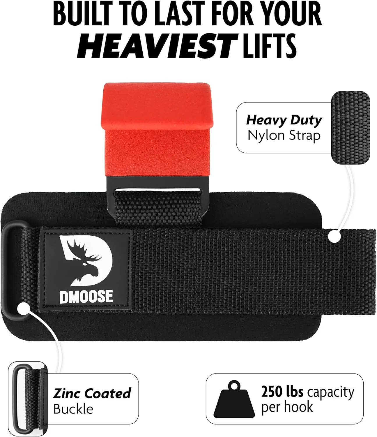 DMoose Fitness Weight Lifting Hooks (Pair) for Deadlifts, Pull Ups & Shrugs - 500 Lbs Capacity, Thick Wrist Padding - Heavy Duty Gym Workout Grips Straps for Men and Women