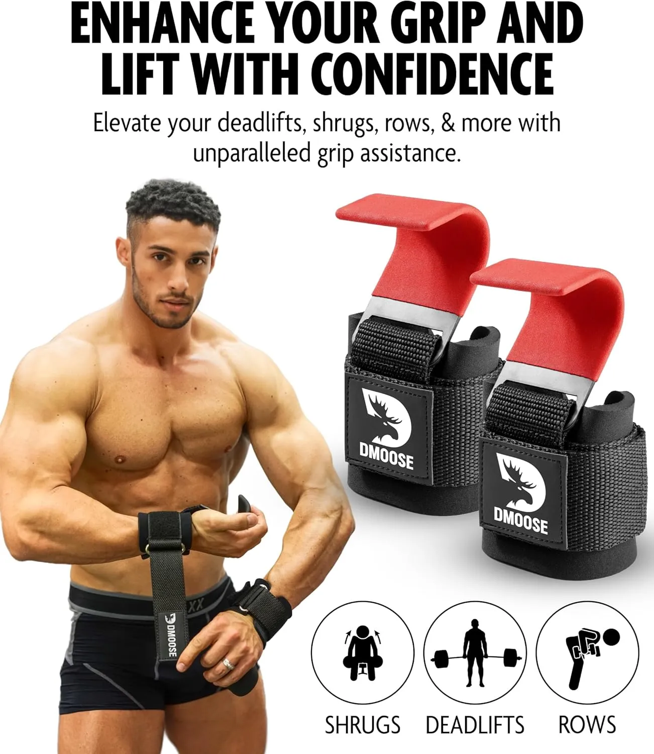 DMoose Fitness Weight Lifting Hooks (Pair) for Deadlifts, Pull Ups & Shrugs - 500 Lbs Capacity, Thick Wrist Padding - Heavy Duty Gym Workout Grips Straps for Men and Women