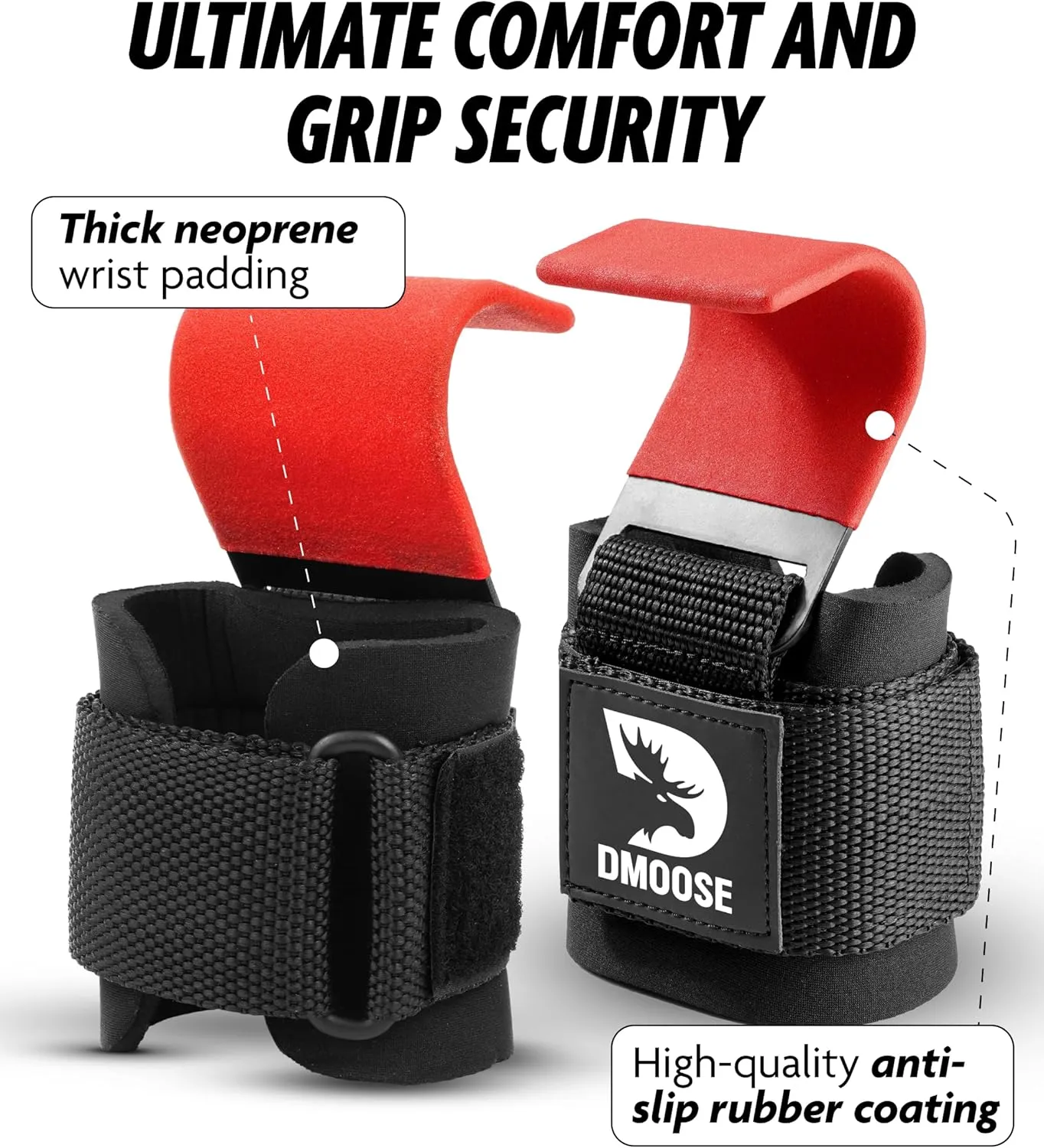 DMoose Fitness Weight Lifting Hooks (Pair) for Deadlifts, Pull Ups & Shrugs - 500 Lbs Capacity, Thick Wrist Padding - Heavy Duty Gym Workout Grips Straps for Men and Women